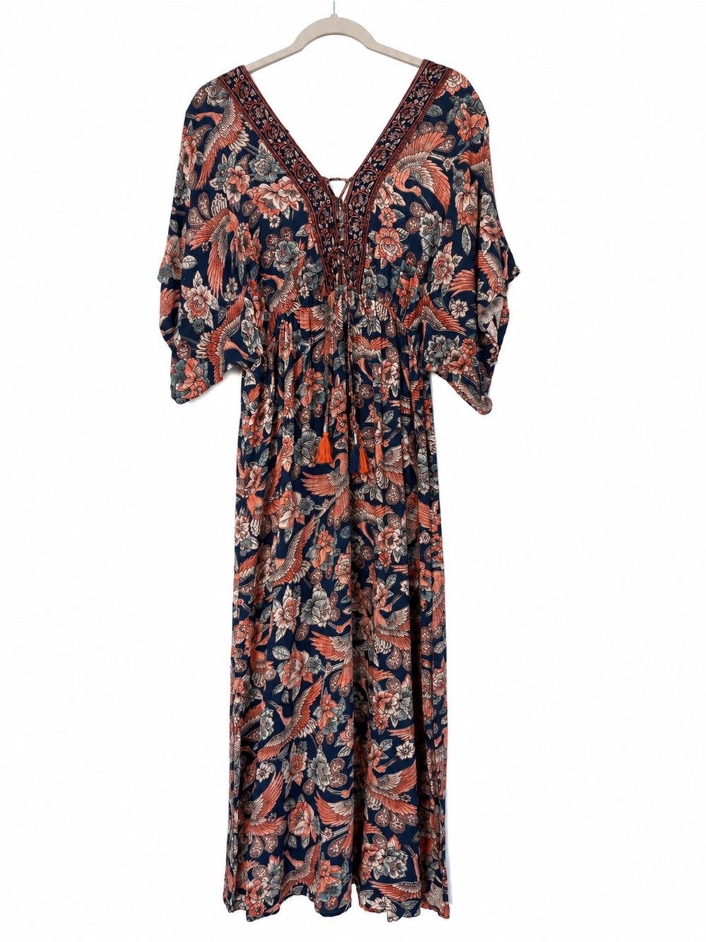 Crane Bird Floral Boho Maxi Dress Navy Orange Kimono Sleeve